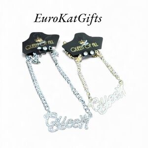 Rhinestone embellished QUEEN Necklace set. Gold pl over Stainless Steel NEW NWT